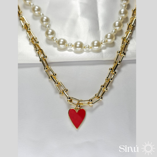 COLLAR DOBLE CORAZON Y PERLAS (CLL024)